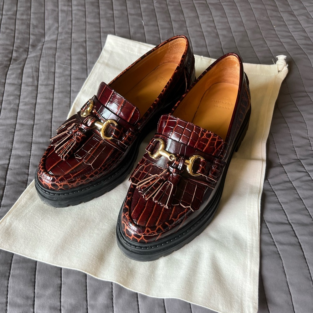 SEZANE Brown Croc Embossed Tassel Leather Loafers Amy Kiltie Fringe Loafers 37